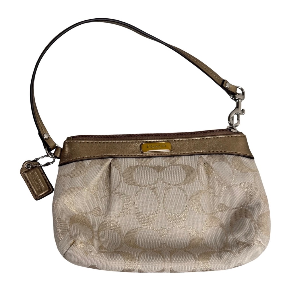 Coach Signature Metallic Champagne Jacquard Wristlet Gold Leather Trim